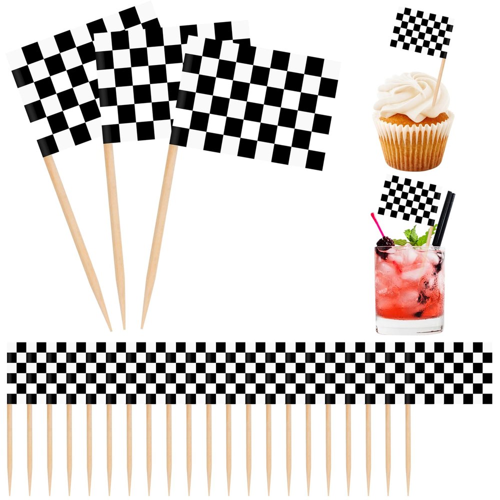 100 Pcs Checkered Racing Flag Toothpicks,Race Car Cupcake Toppers,Toothpick Flags for Party Platters,Cupcakes,Sports Themed Eventsacing Flag Picks for Birthday Party,Monster Truck Theme Decoration