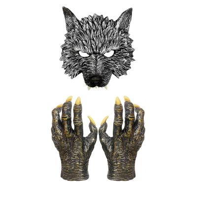 2Pcs Realistic Wolf Mask with Claws Gloves,Half Face Werewolf Mask,Horror Animal Masks Fancy Dress for Halloween Carnival Costume Party,Moon Night Scary Wolf Man Costume Set
