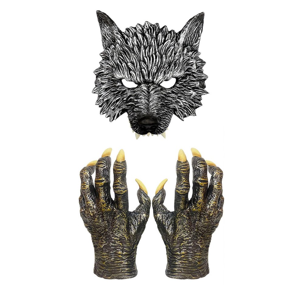 2Pcs Realistic Wolf Mask with Claws Gloves,Half Face Werewolf Mask,Horror Animal Masks Fancy Dress for Halloween Carnival Costume Party,Moon Night Scary Wolf Man Costume Set