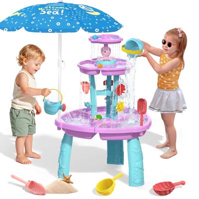 2026 Water Table for Toddlers 3-5, 3-Tier Kids WaterTable with Umbrella Splash Pond, Outdoor Toys Sand and Water Tables for Boys Girls, Sensory Play Table Toys for Pool Beach Backyard Summer (Purple