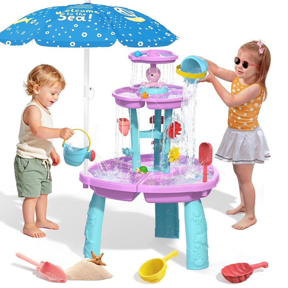 2026 Water Table for Toddlers 3-5, 3-Tier Kids WaterTable with Umbrella Splash Pond, Outdoor Toys Sand and Water Tables for Boys Girls, Sensory Play Table Toys for Pool Beach Backyard Summer (Purple