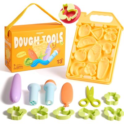 Jar Melo Dough Tool Set, 13 Pcs Farm Dough Tools for Kids Ages 2+, Dough Accessories Includes Cutters, Roller, Safety Scissors, Animal Molds and Veggie Board. Preschool Arts & Crafts Toy