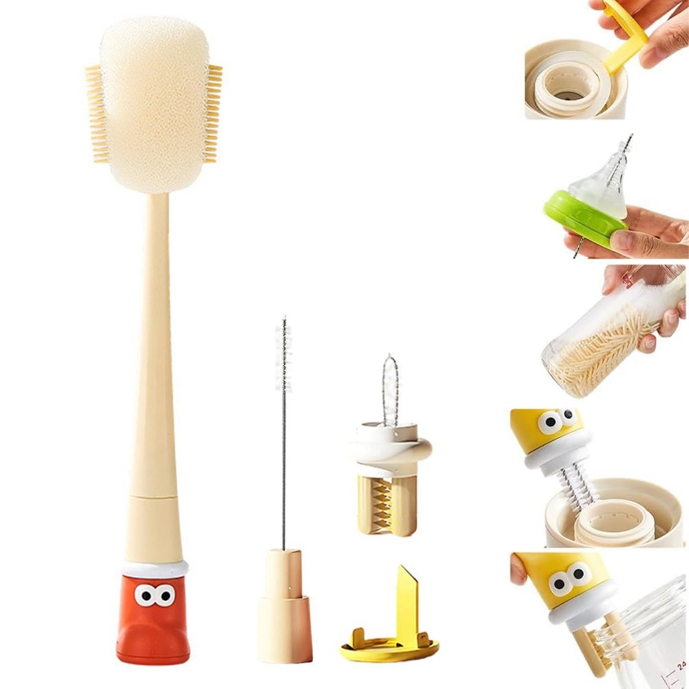 5 in 1 Bottle Cleaning Brush Set, Multifunctional Bottles Cleaning Kit, Water Bottle Cleaner and Straw Cleaner Brush, Cap, Straw & Nipple Brushes, Replaceable Sponge Head (Orange)