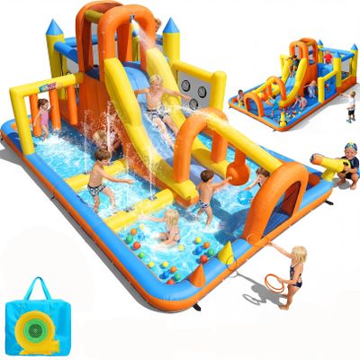 AKEYDIY Inflatable Water Slide Bounce House for Kids 3-12, 15FT Mega Water Slide Park w/Long Slide, Obstacle Course, Jumping, Pool, Hoop, Water Cannon, Backyard Blow Up Waterslide (Obstacle Splash)