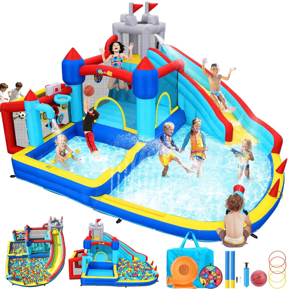 AKEYDIY Inflatable Water Slide Bounce House for Kids 3-12, 15FT Mega Water Slide Park w/Long Slide, Climbing, Jumping, 2 Splash Pool, Hoop, Water Cannon, Backyard Blow Up Waterslide (Castle Splash)