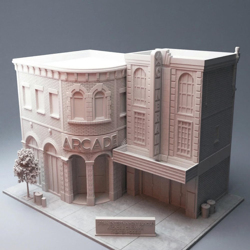 28mm Urban Entertainment District Terrain Bundle | Movie Theater, Arcade Building & Arcade Machines | Unofficial Accessory Compatible with Fallout Wasteland Warfare | Unpainted Scenery