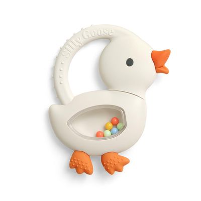 Itzy Ritzy Silicone Rattle Teether - Bitzy Shake Teething Toy with Textured Silicone, Gentle Rattle Sounds & Colorful Dancing Beads for Sensory Play (Goose)