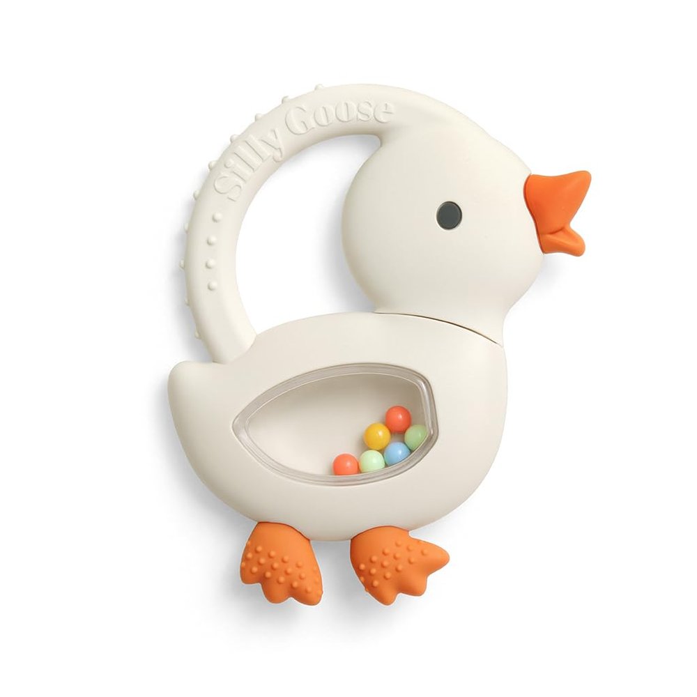 Itzy Ritzy Silicone Rattle Teether - Bitzy Shake Teething Toy with Textured Silicone, Gentle Rattle Sounds & Colorful Dancing Beads for Sensory Play (Goose)