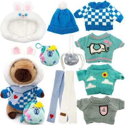 11Pcs Capybara Plush Toy, Capybara Stuffed Animal with 10 Clothes and Accessories, 10 inch Super Soft Capybara Toys for Kids Girls Boys, Role Play Dress Up Gifts (Blue)