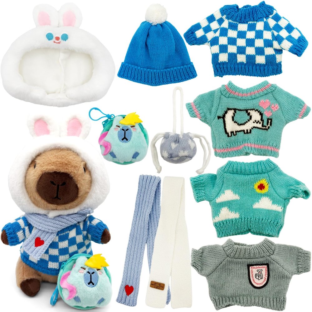 11Pcs Capybara Plush Toy, Capybara Stuffed Animal with 10 Clothes and Accessories, 10 inch Super Soft Capybara Toys for Kids Girls Boys, Role Play Dress Up Gifts (Blue)