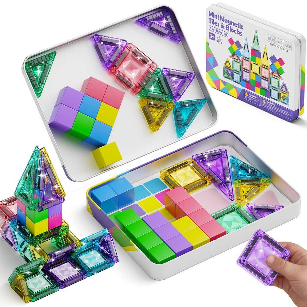 STEM MATCH Magnetic Tiles Travel Toys Kids: 48PCS 3-in-1 Journey Blocks Set