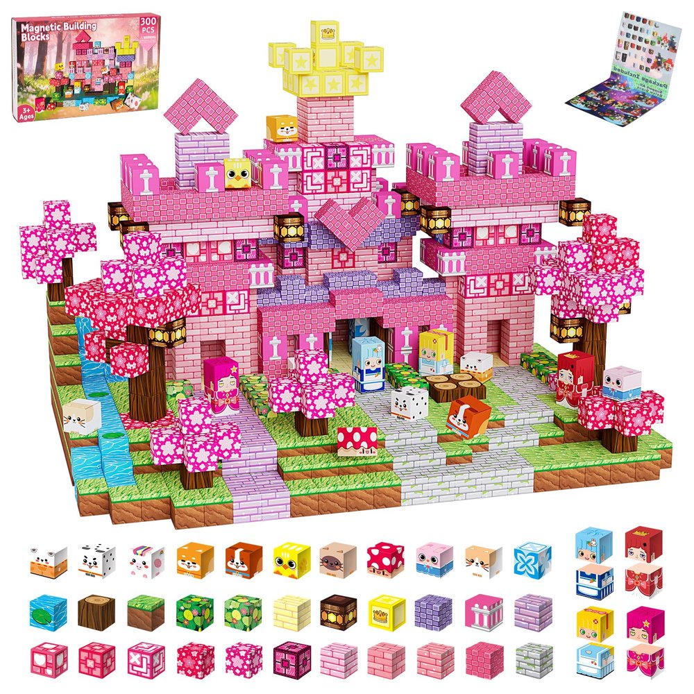 300PCS Magnetic Blocks Building Toys for Kids - 0.8in Magnet Cubes Cherry Blossom Forest Theme Toddler Toys, STEM Preschool Educational Sensory Construction Set, Birthday Gifts for Boys Girls Age 3-8