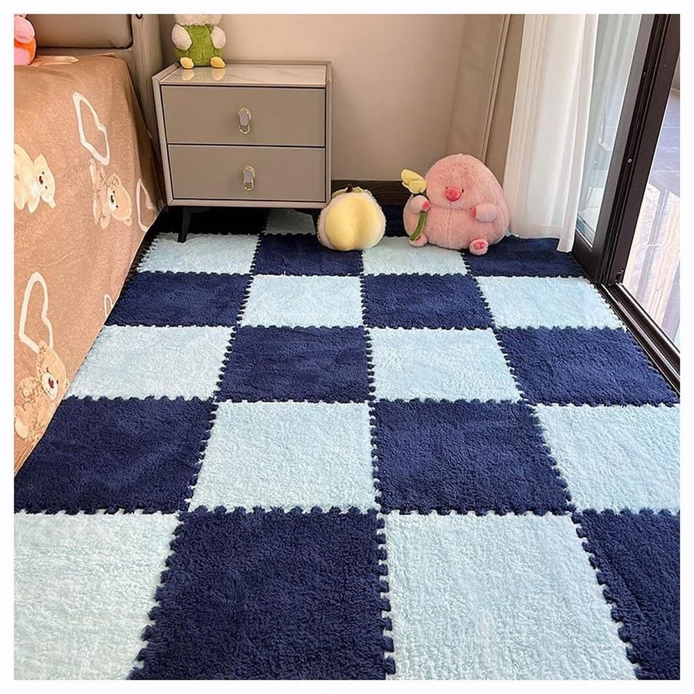 Thickened Plush Foam Interlocking Floor Carpet Mat Fluffy Square Puzzle Foam Carpet Tiles with Edgings Soft Anti-Slip Shaggy Area Rug Playmat(Light Blue+Dark Blue,8 pcs)
