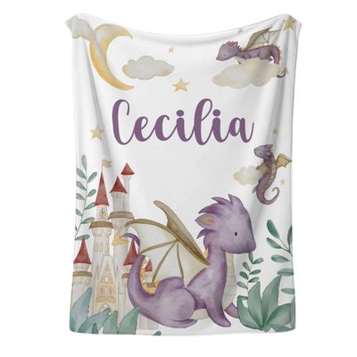 GiftsFourSeasons Personalized Baby Blanket for Girls Boys - Custom Dragon Blanket with Name Stroller Crib Decor - Swaddle Throw for Toddlers Infants Newborns Nursery - 30"x40"-Toddlers/Pets Size
