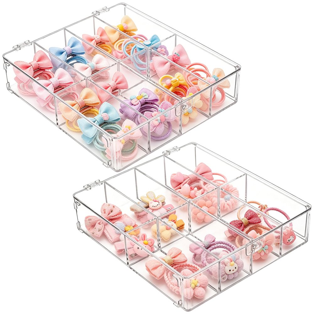 2 Pcs Hair Accessories Organizers with 8 Compartments and Lids Clear Storage Boxes for Headbands Bows Clip Scrunchies Hair Tie Organizer for Bathroom Bedroom Vanity Countertop