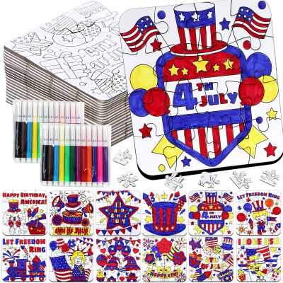 24 Sets 4th of July Crafts for Kids, Patriotic Crafts Activities DIY Puzzle Kits Red White Blue Star Flag Independence Day Memorial Day Jigsaw Painting Arts for Party Favors Gift Supplies Coloring Toy
