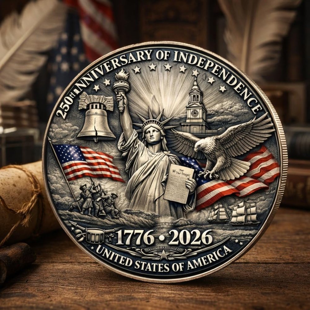 250th Anniversary Independence Coin 1776-2026, Declaration of Independence Commemorative Coin, USA Patriotic Challenge Coin, Collectible Gift for Men Veterans History Lovers (Front Side Only)