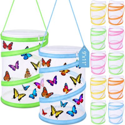Sherr 12 Pack Butterfly Habitat Cage, 9"x11" Pop-up Mesh Butterfly Net Terrarium, Reusable Caterpillar Raising Kit, Portable Bug Catcher Enclosure for Transporting and Raising Critter (5 Colors)