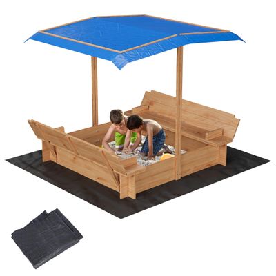 ActiveTrail Large Wooden Kids Sand Box with Cover, Outdoor Kids Sandbox with Adjustable Canopy and 2 Foldable Bench Seats, Solid Fir Wood Sand Pit for Backyard Garden, Beach Patio Outdoor (47x47Inch)