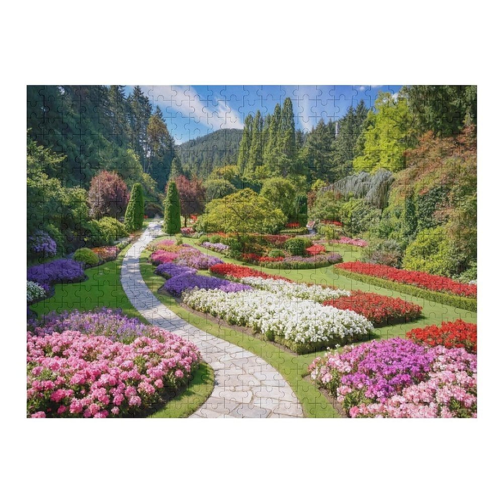 The Butchart Gardens a Sunny Day Sunlight Shining on Colorful Seasonal Flowers 1000 Piece Wooden Jigsaw Puzzle Travel Lovers Puzzle for Garden Photography