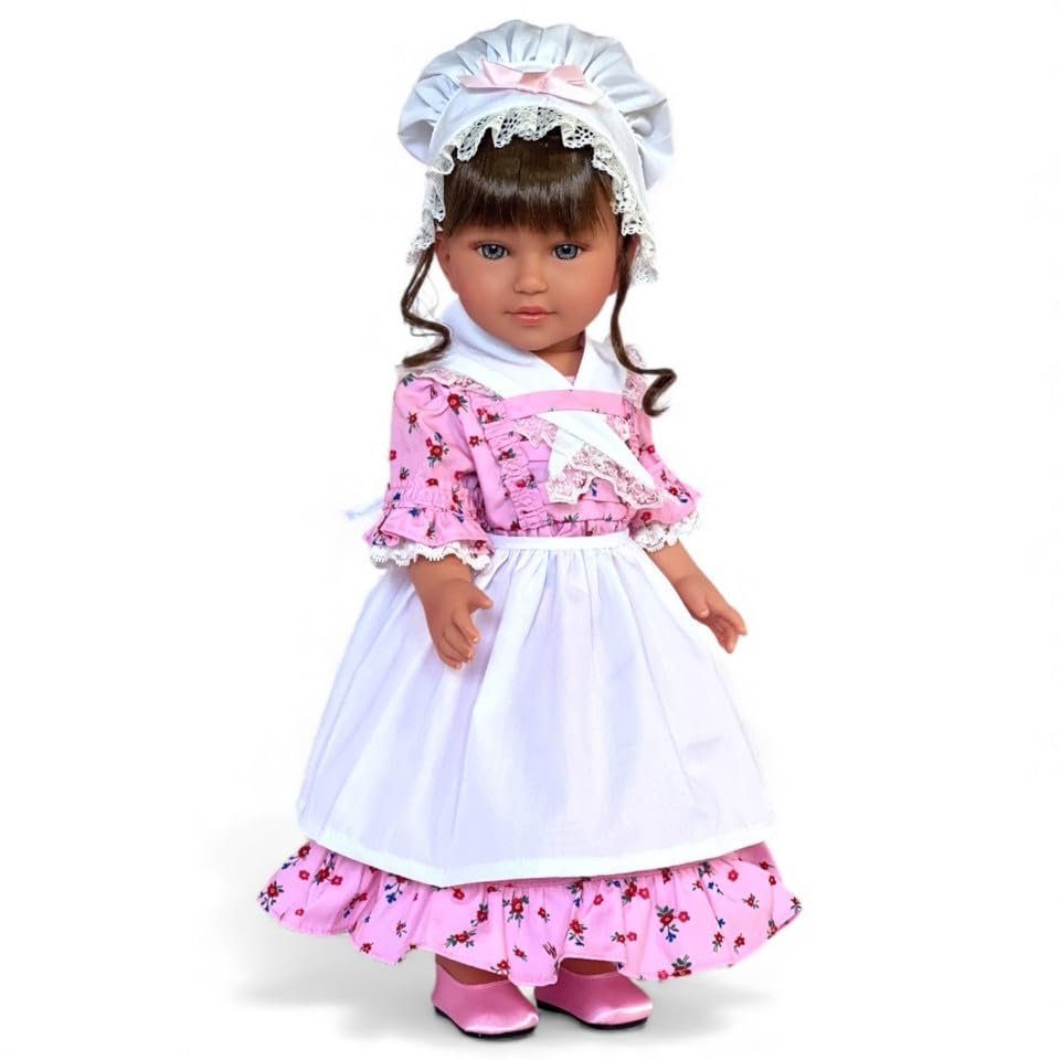 MBD Doll Clothes Colonial Prairie Dress Set with Bonnet & Apron Fits 18 Inch Dolls Including Kennedy and Friends Vintage Floral Outfit with Pink Shoes