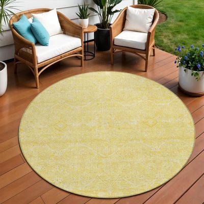 HomeRoots 607364 8 ft. Gold Round Floral Washable Indoor & Outdoor Area Rug