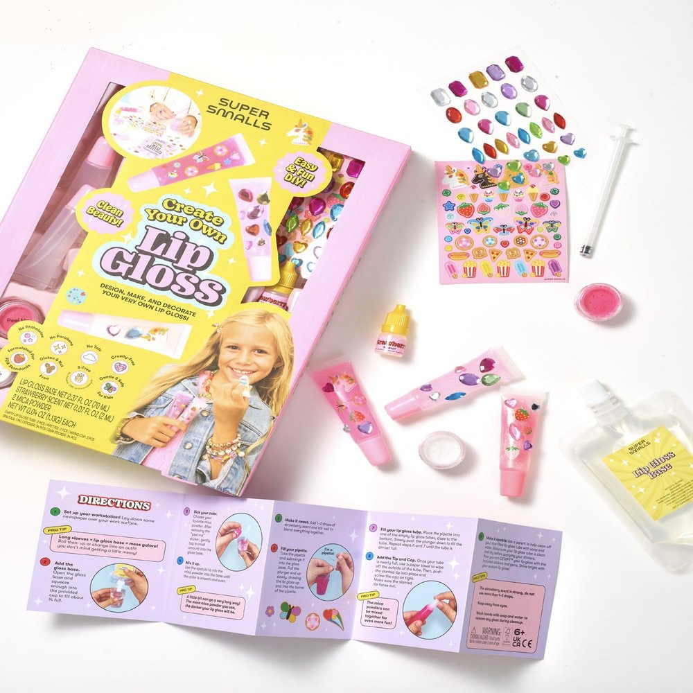 Super Smalls Create Your Own Lip Gloss Kit for Kids Mix Strawberry Scented Clear Lip Gloss & Decorate 3 tubes with Gems & Stickers | Non-Toxic, Kid-Safe Creative Craft Activity, Ages 6+