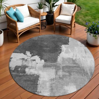 HomeRoots 609168 8 ft. Gray & Smoky Black Round Abstract Washable Indoor & Outdoor Area Rug