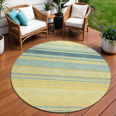 HomeRoots 614859 8 ft. Yellow Denim Blue & Sky Blue Round Striped Washable Indoor & Outdoor Area Rug