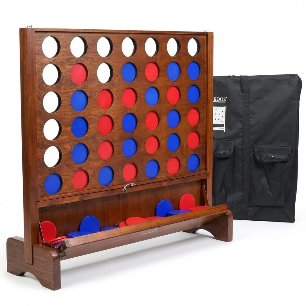 Giant Wooden 4 in A Row Game with Folding Catch Tray, Wall-Mountable or Ground Play, Indoor Outdoor & Backyard Game, Includes Carry Case and Detachable Legs
