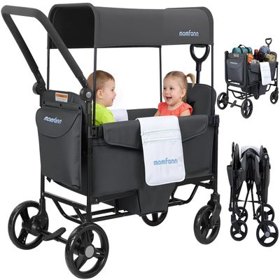 MOMFANN Wagon Stroller for 2 Kids, All-Terrain Foldable Baby Wagon with Adjustable Push & Pull Handle, 5-Point Harness, Removable Canopy, Footwell & Large Storage Bag-Gray