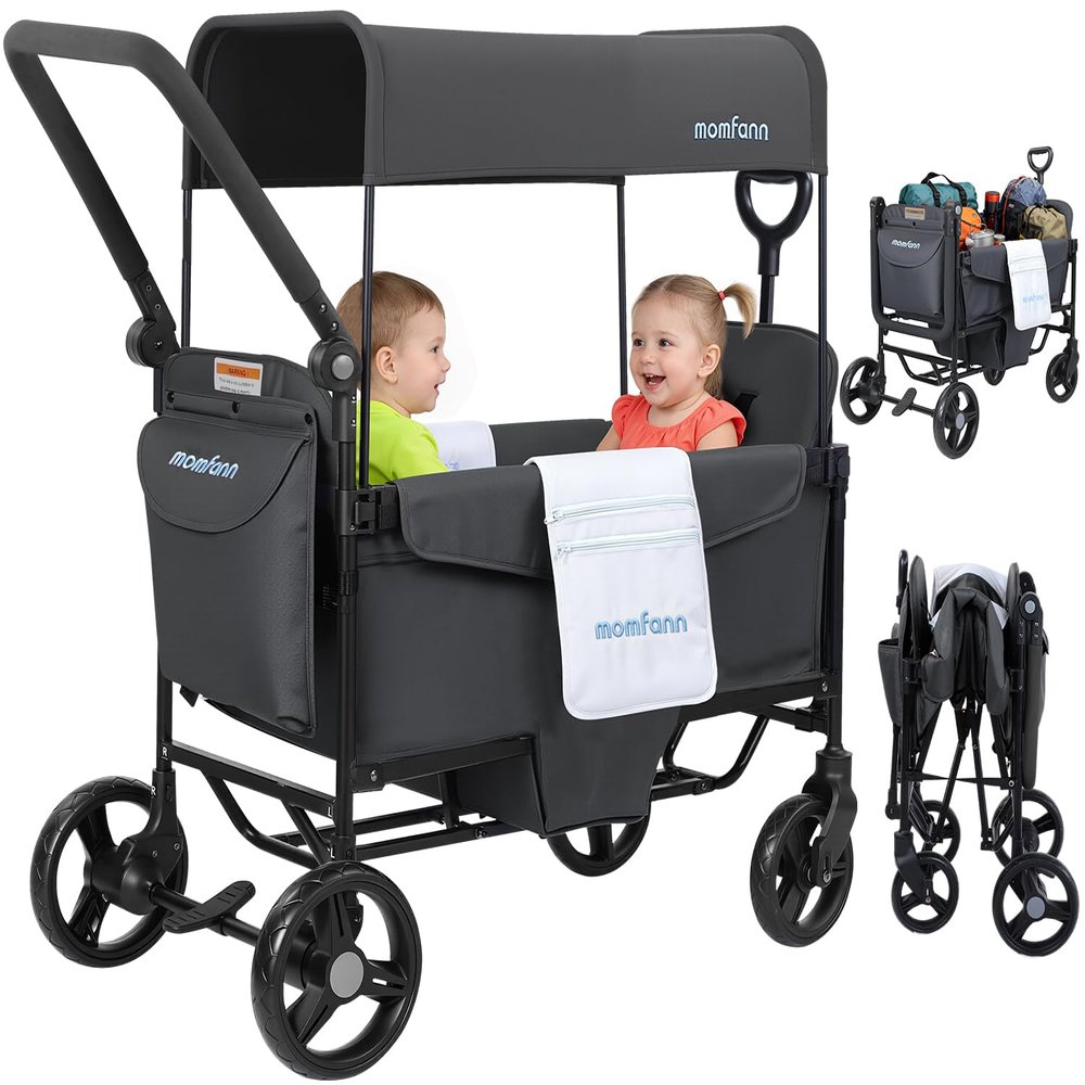 MOMFANN Wagon Stroller for 2 Kids, All-Terrain Foldable Baby Wagon with Adjustable Push & Pull Handle, 5-Point Harness, Removable Canopy, Footwell & Large Storage Bag-Gray