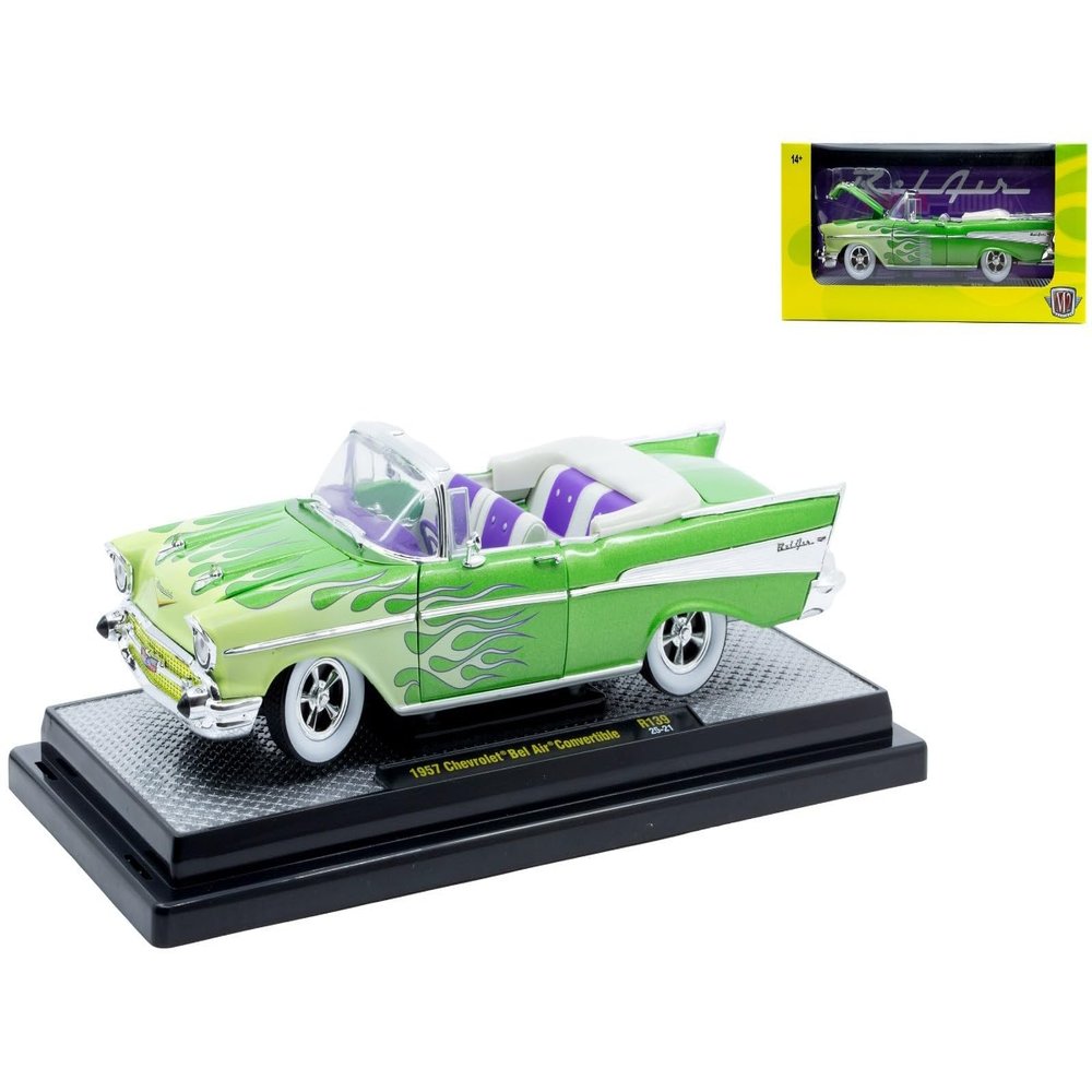 1957 Convertible Green Metallic with Flame Graphics and Purple and White Interior Limited Edition to 4050 Pieces Worldwide 1/24 Diecast Model Car by M2 40300-139A