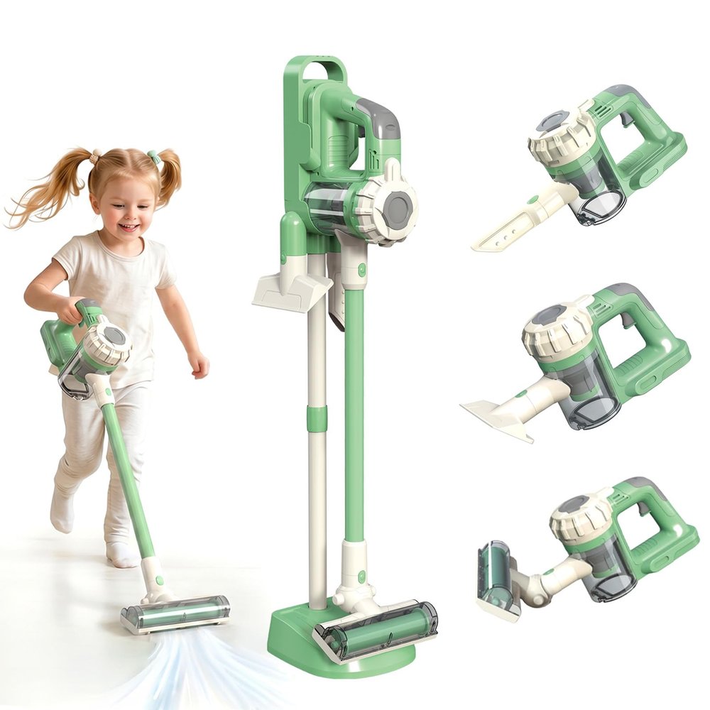 VARANO 3-in-1 Kids Vacuum that Really Works - Toddler Toy Vacuum with Storage Stand & Real Suction - Montessori Cleaning Toy for Boys & Girls Ages 3+ (Green)