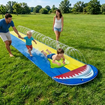 17FT Cartoon Shark Inflatable Water Slide, Dual Lane Slip and Slide with Splash Pool, Blue and Yellow,PVC Outdoor Lawn Water Toy for Kids Ages 8+