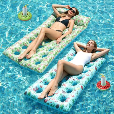 2 Pack Inflatable Pool Floats Adult Heavy Duty Pool Lounger Float Pool Rafts with Headrest Drink Holder Lake Floats Tanning Pool Lounger for Swimming Pools Party Beach-Fruit