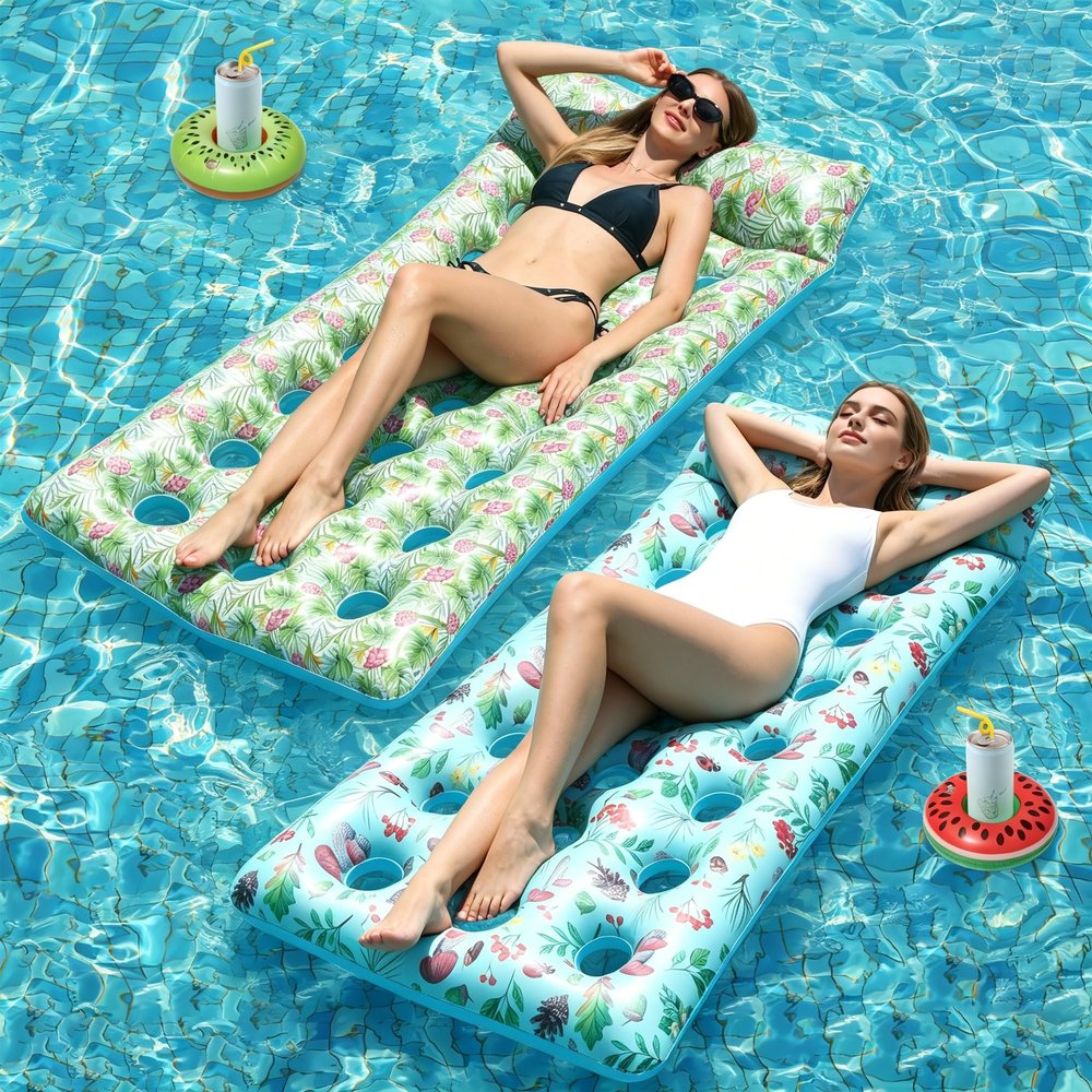 2 Pack Inflatable Pool Floats Adult Heavy Duty Pool Lounger Float Pool Rafts with Headrest Drink Holder Lake Floats Tanning Pool Lounger for Swimming Pools Party Beach-Fruit