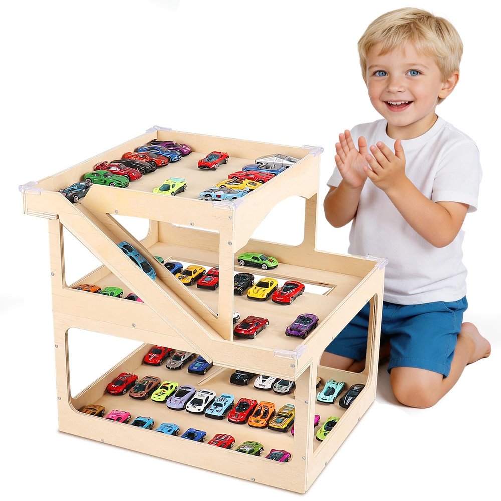 Wooden Display Case For Hot Wheels & Matchbox, 3-Level Large Capacity 1/64 Scale Matchbox Hot Wheels Toy Car Display Case Parking Garage With Ramp Diy Scale Diecast Toy Car Storage Box For 50 Toy Cars
