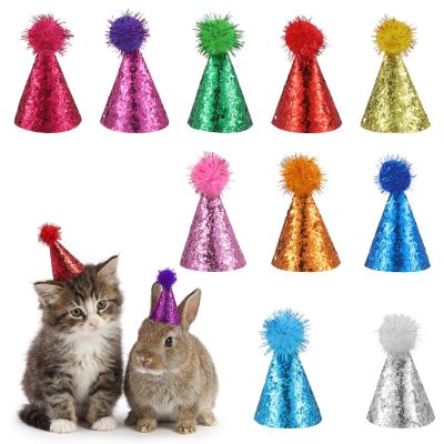10PCS Glitter Mini Party Hats for Stuffed Animals, Colorful Mini Party Hats with Sequins and Pom-poms, Multicolor Sequins Cone Hat, Adjustable Birthday Hat for Dog, Cat, Doll, Rabbit, Puppy and Kitten