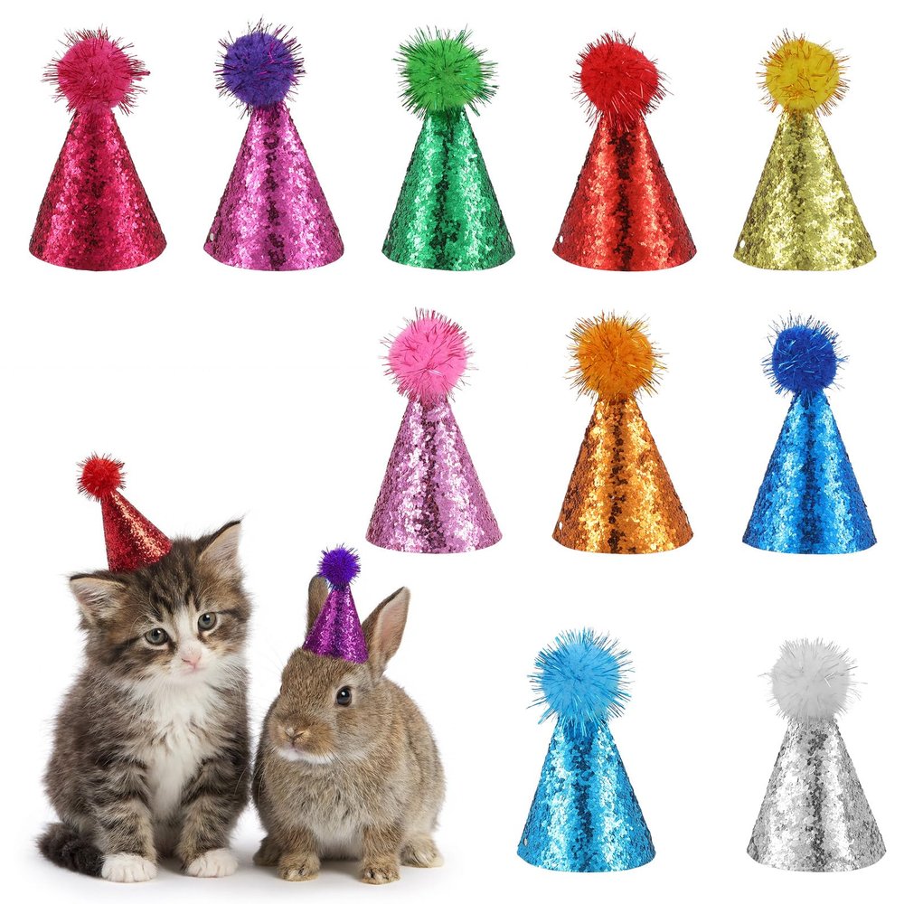 10PCS Glitter Mini Party Hats for Stuffed Animals, Colorful Mini Party Hats with Sequins and Pom-poms, Multicolor Sequins Cone Hat, Adjustable Birthday Hat for Dog, Cat, Doll, Rabbit, Puppy and Kitten