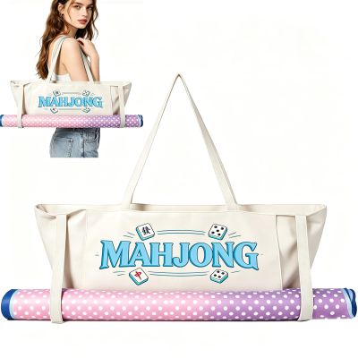 28.7x10.6 Inch Mahjong Bag for Mah Jongg Set, Empty Canvas Tote Bag with Zipper & Outer Pockets, Lined Large Capacity Carrying Bag for Rolled Mat, Tiles, Racks, Pushers & Mahjong Accessories (White)