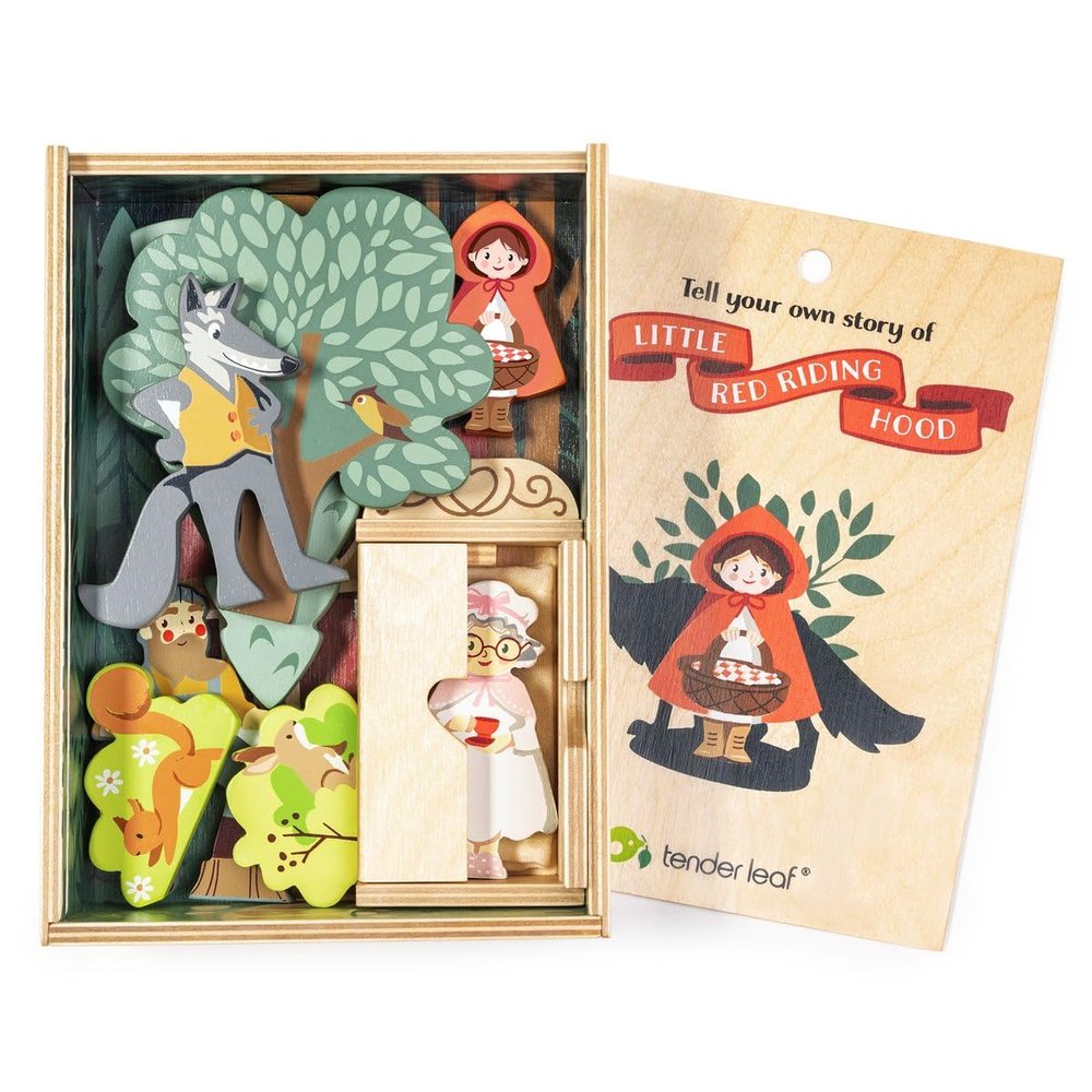 Tender Leaf Toys - Your Story of Little Red Riding Hood - 13pc Wooden Fairytale Play Set with Sliding Lid - Imaginative Storytelling Toy Box - Helps Expand Vocabulary and Creativity - Age 3+