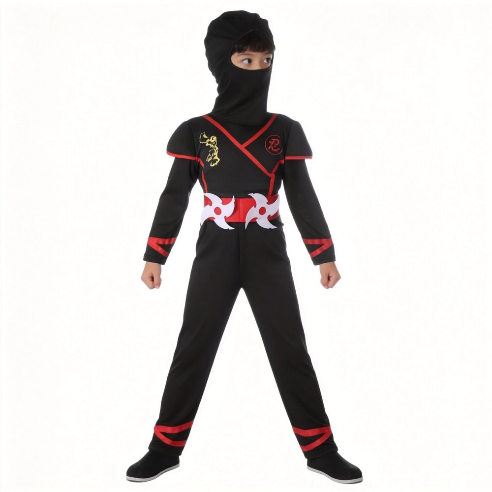 Boys Ninja Costume Set: Printed jumpsuit with decorative belt and headband. Perfect for Halloween. (3-4Y)