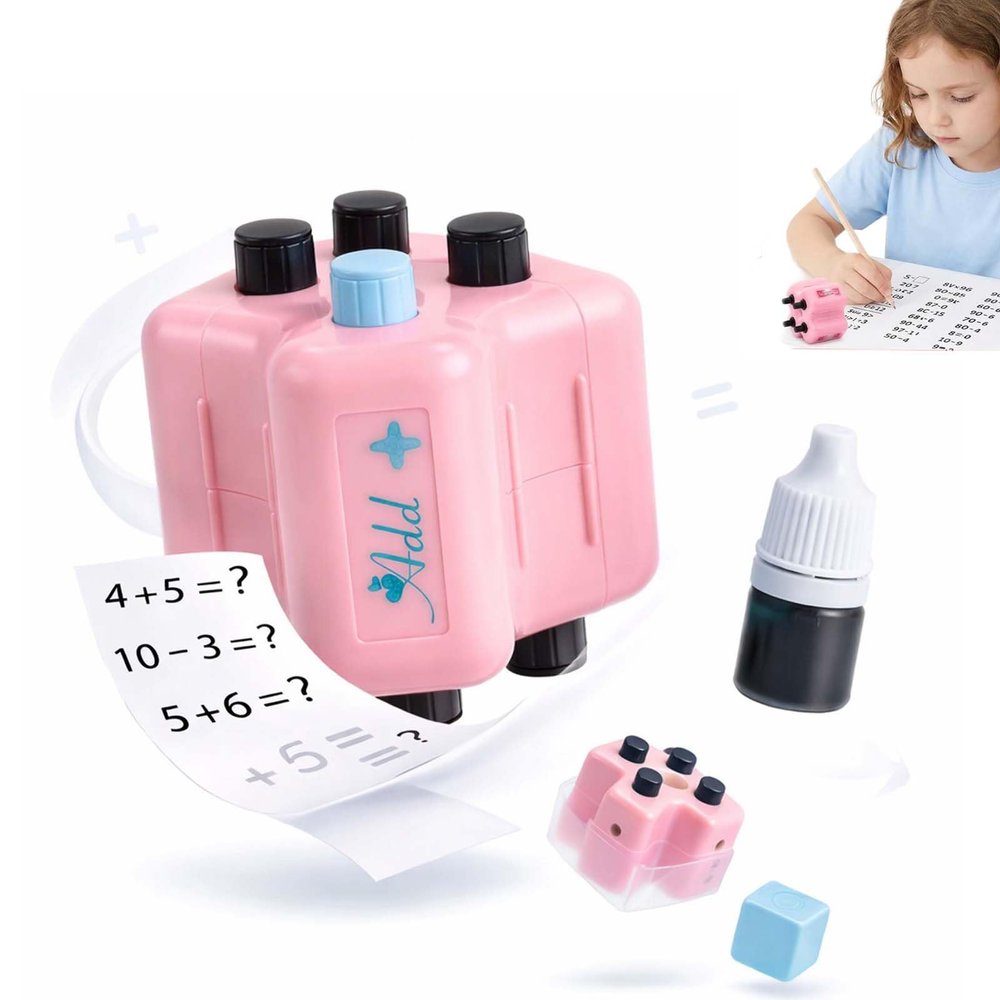 4-in-1 Math Stamp Roller, 2026 New 4 in 1 Math Practice Roller Stamp Set, Addition, Subtraction, Multiplication, Division, with Refill Ink, for Teacher Classroom and Home Use (Pink*2)