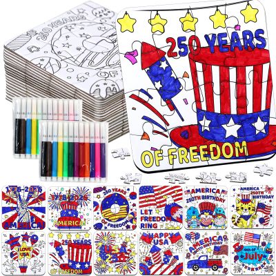 24 Sets 250th Anniversary 4th of July Crafts for Kids, Patriotic Crafts Activities DIY Puzzle Kits Red White Blue Flag Star Independence Day Memorial Day Jigsaw Coloring Art gift Party Favors Supplies