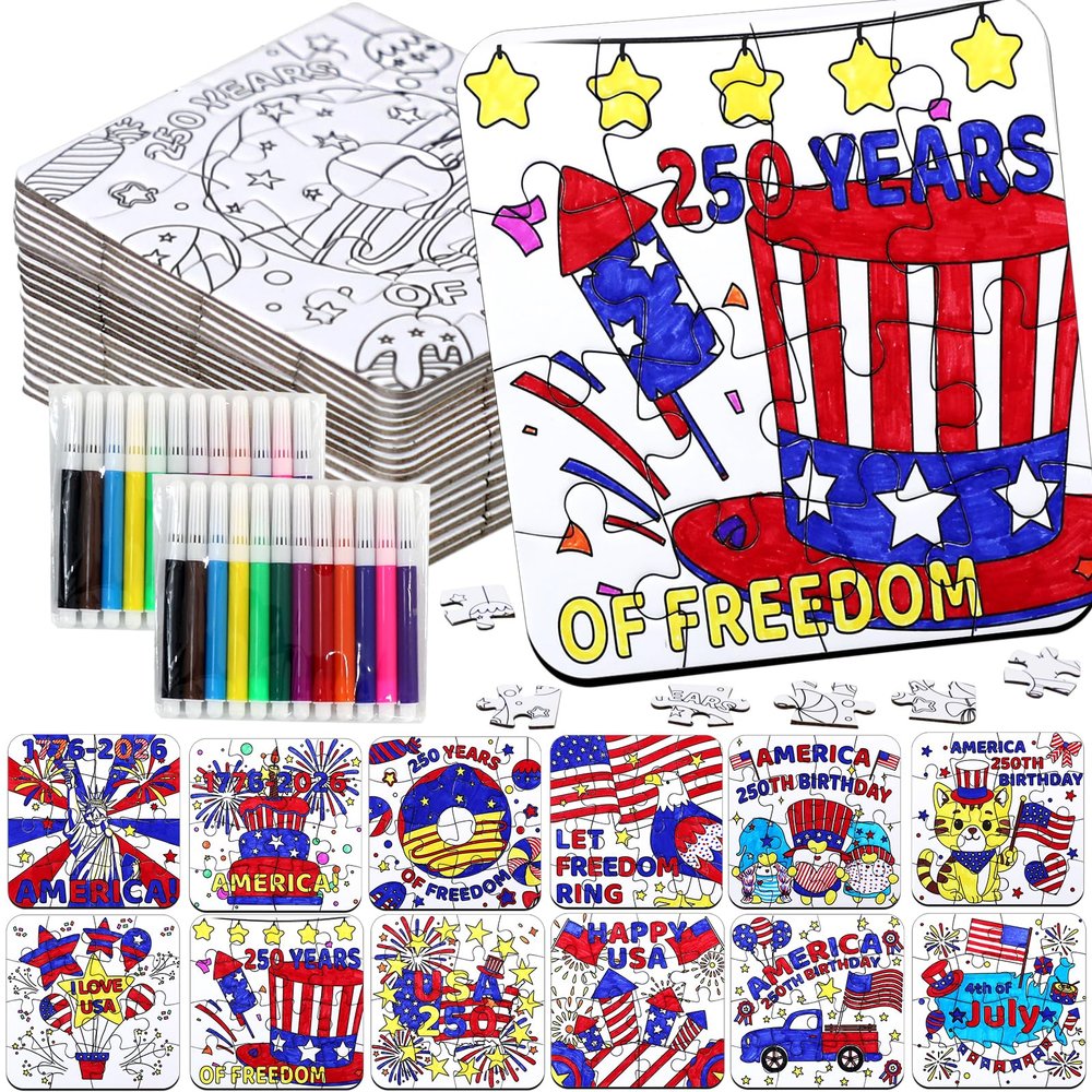 24 Sets 250th Anniversary 4th of July Crafts for Kids, Patriotic Crafts Activities DIY Puzzle Kits Red White Blue Flag Star Independence Day Memorial Day Jigsaw Coloring Art gift Party Favors Supplies