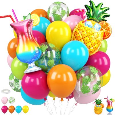 Tropical Balloons, 12 Inch Blue Hot Pink Yellow Orange Green Pink Balloons with Palm Leaf Balloons and Pineapple Cocktail Foil Balloons for Luau Hawaiian Pool Party Summer Birthday Supplies