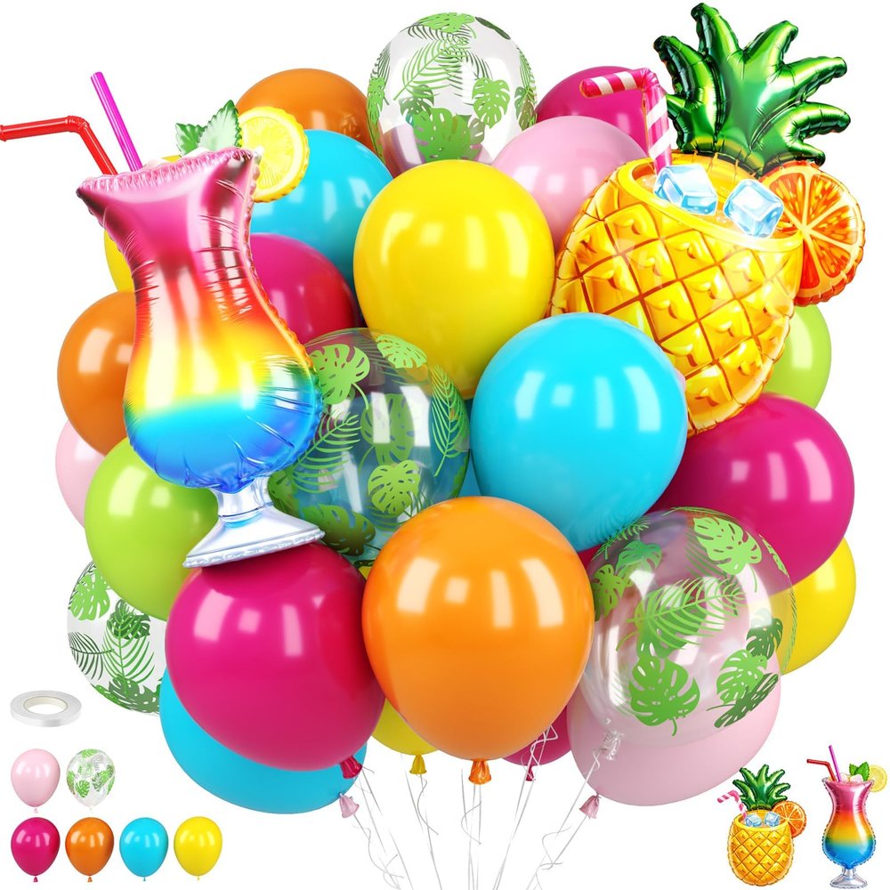 Tropical Balloons, 12 Inch Blue Hot Pink Yellow Orange Green Pink Balloons with Palm Leaf Balloons and Pineapple Cocktail Foil Balloons for Luau Hawaiian Pool Party Summer Birthday Supplies