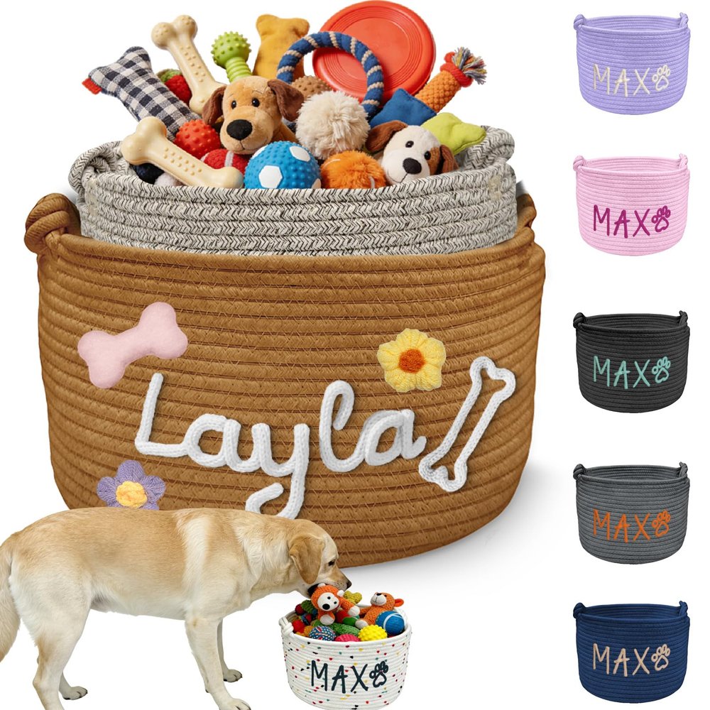 Morlavid Personalized Dog Toy Basket Custom Pet Toy Box Embroidery Name Customized Woven Cotton Rope Storage Bins Organizer for Dog Toy Clothing