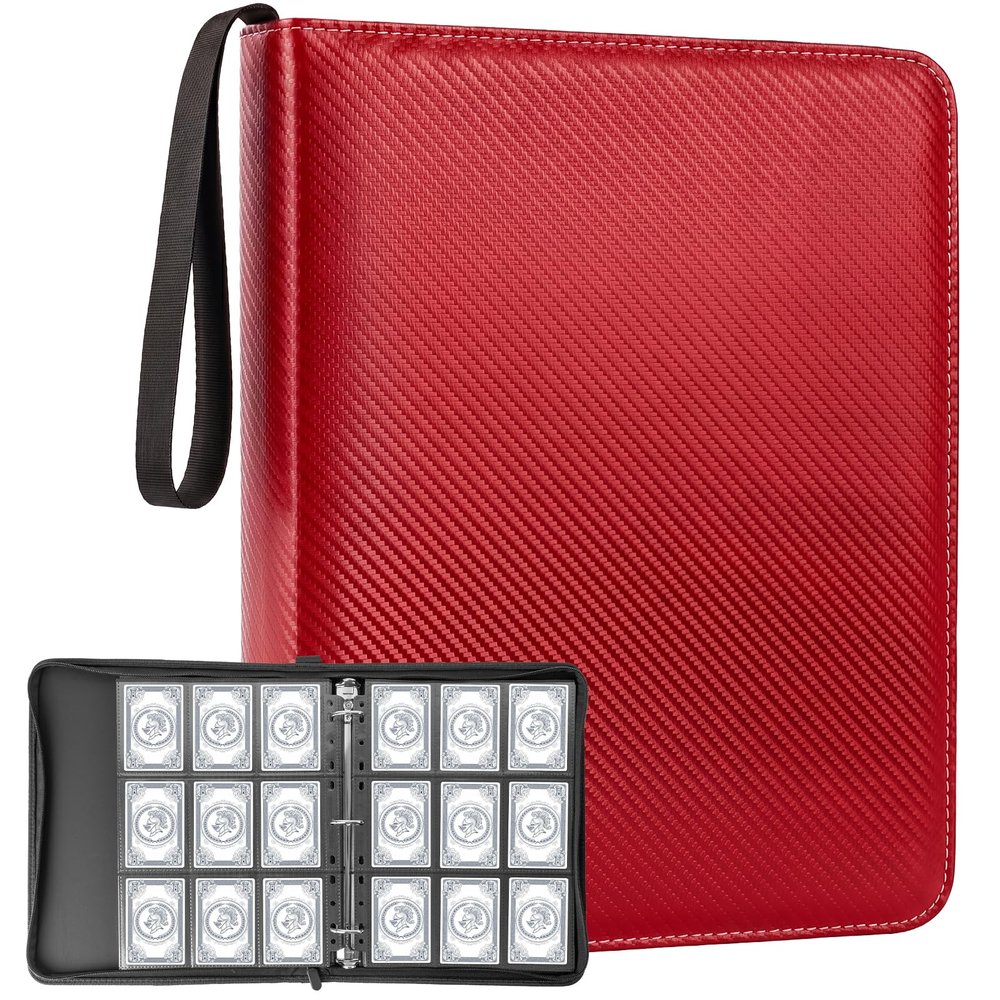 9 Pocket Card Binder,Premium Zip Trading Top Loader Binder,720 Double Sided Pocket Collection Binder,Tech Inspired,Wear Resistant & PU Carbon Fiber Texture for MTG,TCG,Game Cards,Sport Cards,Red